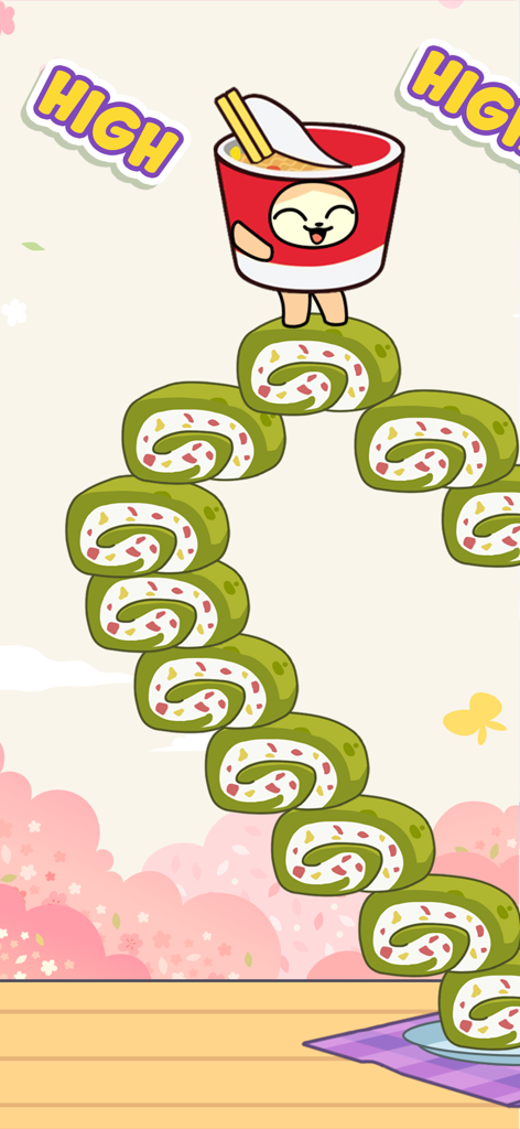 Personagem Banana Cat usando uma skin de copo de ramen equilibrando-se em uma pilha alta e curva de rolos verdes em frente a um fundo rosa de flor de cerejeira