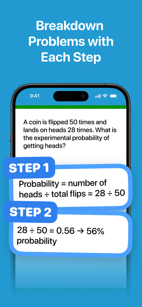 Statistics AI: Homework Solver - Step-by-step probability problem solution on the Statistics AI app screen