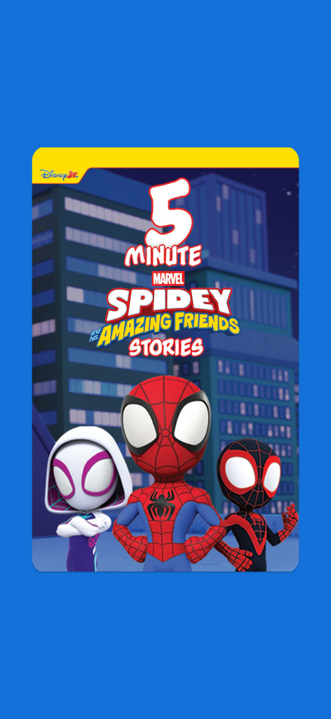 Portada de la tarjeta de audio para Historias de Spidey y sus Increíbles Amigos de Marvel de 5 Minutos, con los personajes Spidey, Ghost Spider y Spin