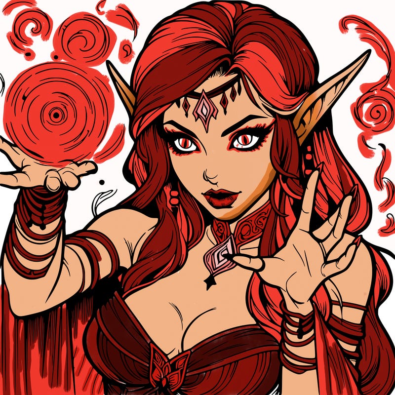 realistic scary beautiful elf sorceress casting spell