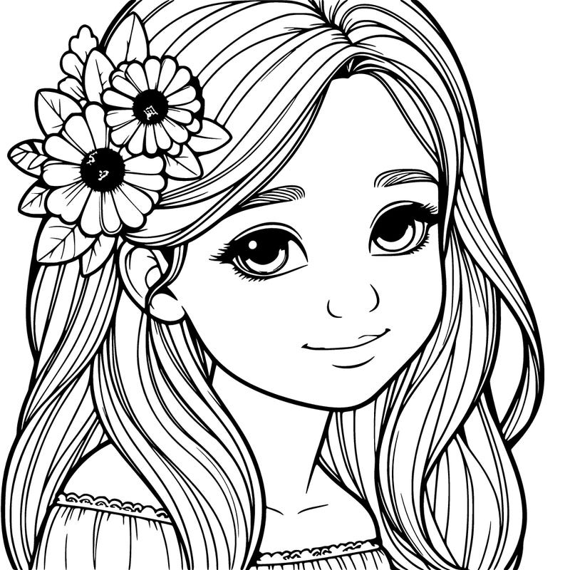 realistic 9 year old girl with flower in her hair