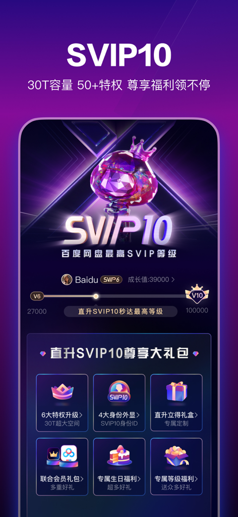 Baidu Wangpan app screen displaying SVIP10 membership rewards including 30T storage and exclusive gift packages.