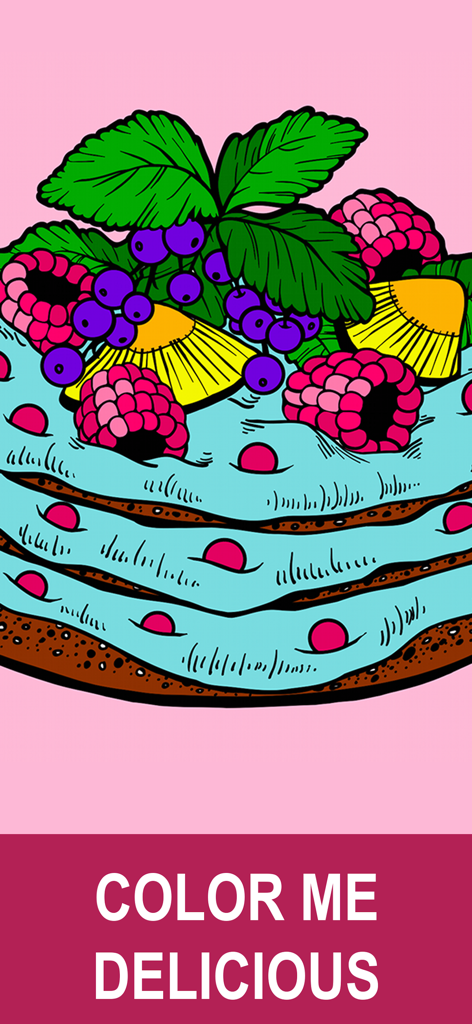 Eine farbenfrohe digitale Illustration eines Schichtkuchens mit Beeren und Minzblättern aus einer Mal-App für Erwachsene