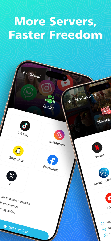 Secure VPN - Super Fast Proxy - iPhoneで人気のソーシャルメディアやストリーミングプラットフォームへのアクセスを示すSecure VPNアプリのスクリーンショット