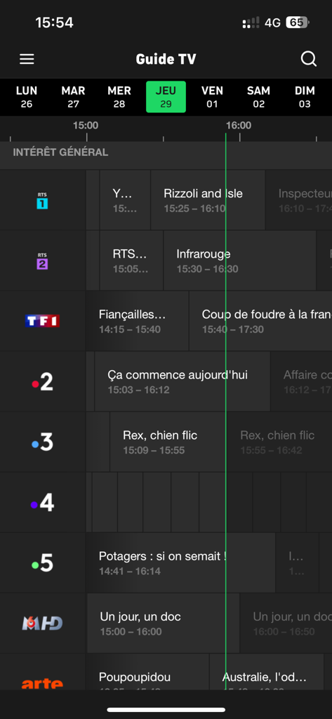 Electronic program guide interface of the Salt TV app showing live television schedules and channel logos