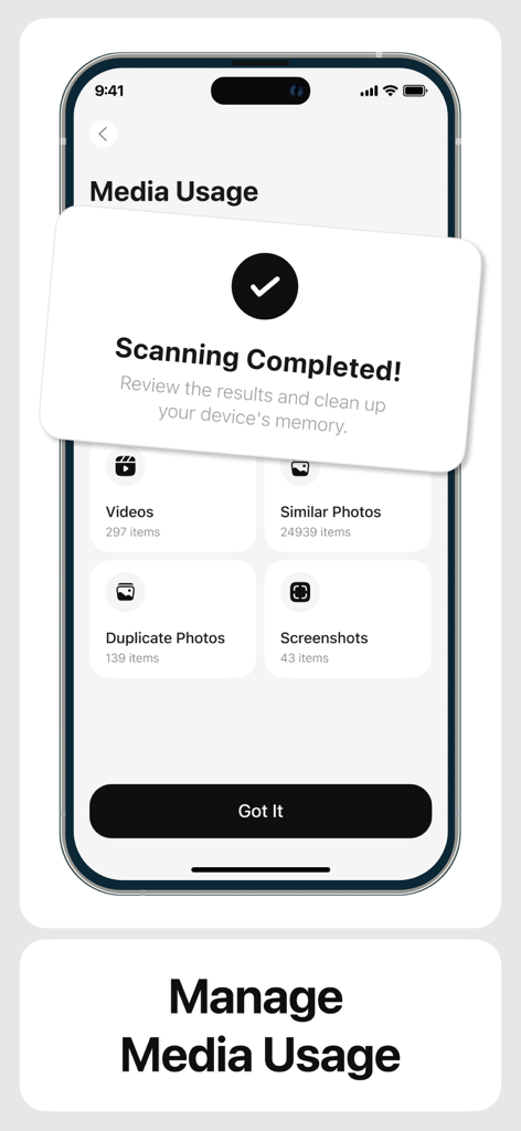 Sweeply - cleaner app - Sweeply app media usage screen showing scan results for duplicate photos and videos