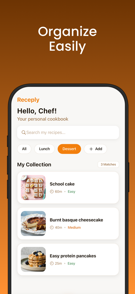 Recipes & Meal Plan - Receply - Pantalla de colección de recetas digitales en la aplicación Receply que muestra una lista de recetas organizadas como pastel escolar y tortitas.
