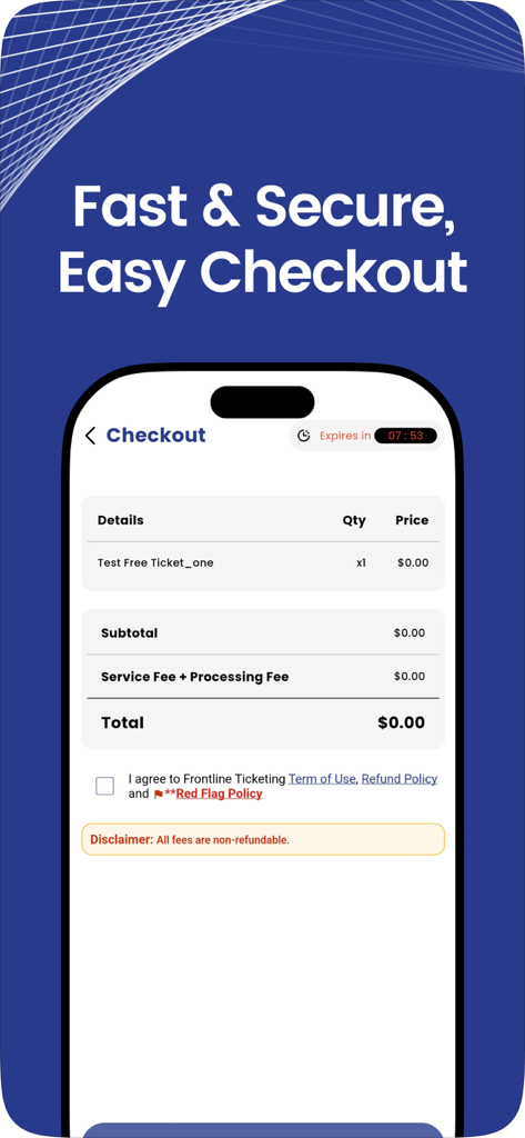 Frontline Ticketing mobile app showing a fast and secure ticket checkout screen with price details and a timer.
