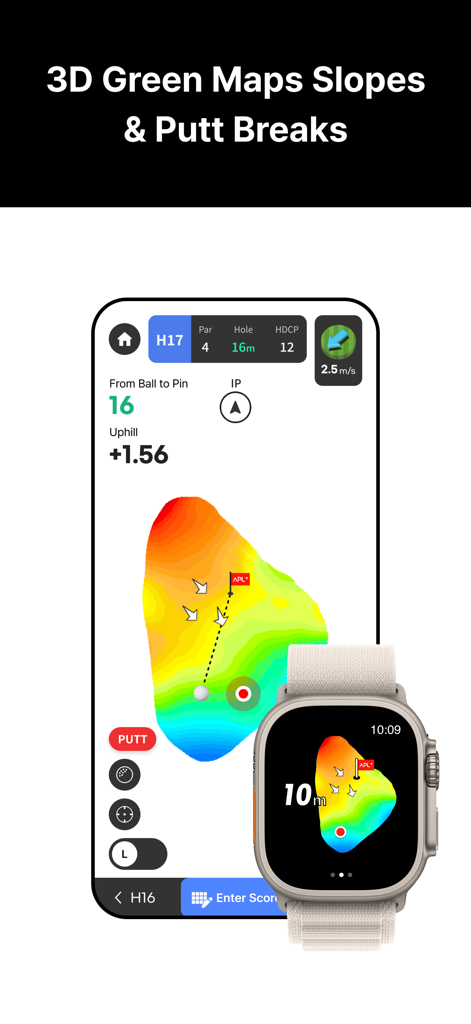 3D-Grünkarten mit Neigungen und Putt-Brechungen auf iPhone und Apple Watch