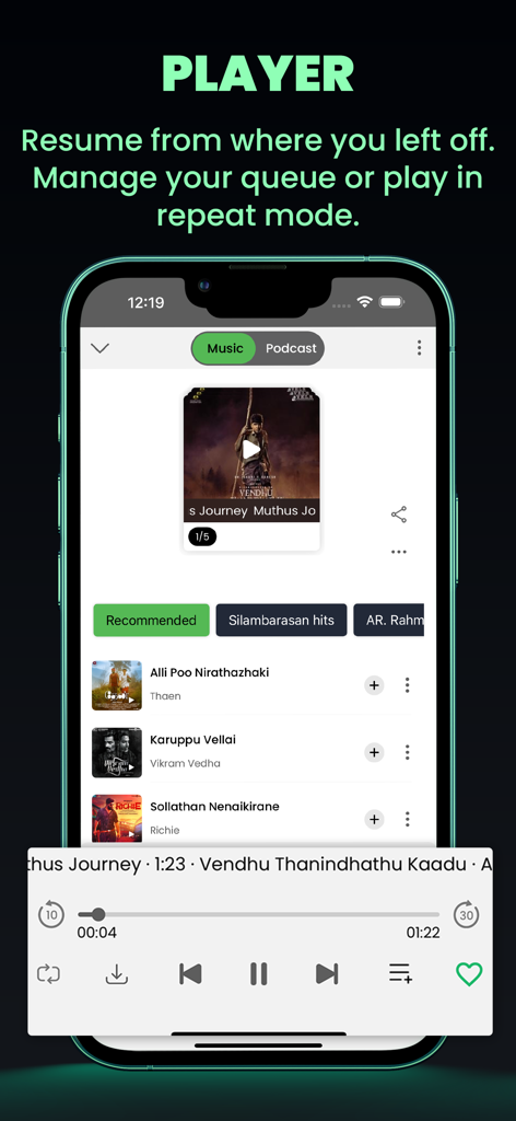 Raaga - Songs & Podcasts - Raaga app music player interface showing playback controls and song queue management.