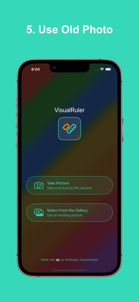 VisualRuler 2.0 interface showing options to take a new picture or select an existing one from the gallery