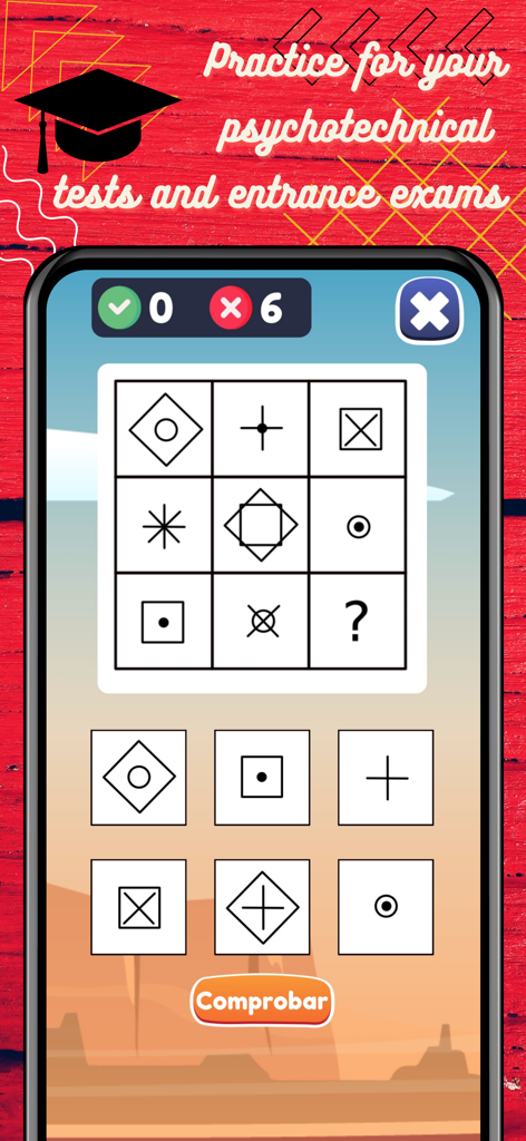 モバイルアプリでの心理技術および入学試験準備に使用される幾何学的論理パズルグリッド。