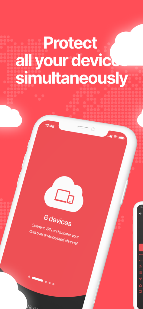 CloudVPN interface showing protection for up to six devices simultaneously on an encrypted channel
