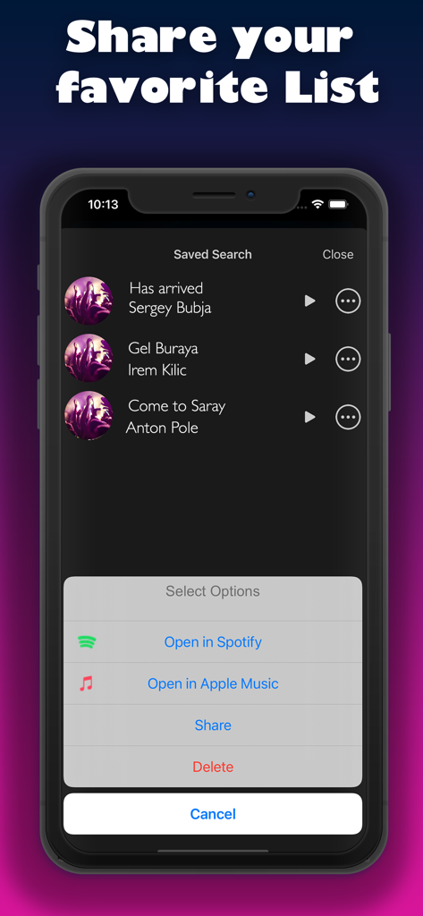 「曲を特定」アプリのインターフェース。保存された曲をSpotifyまたはApple Musicで開くオプションが表示されています