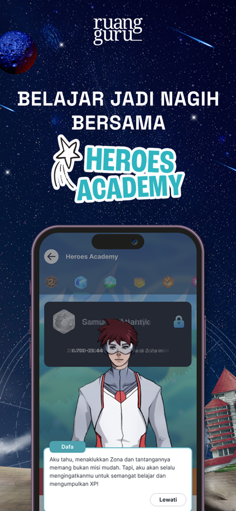 Ruangguru – App Belajar No.1 - Ruangguru app interface showing the Heroes Academy gamified learning feature with an animated character