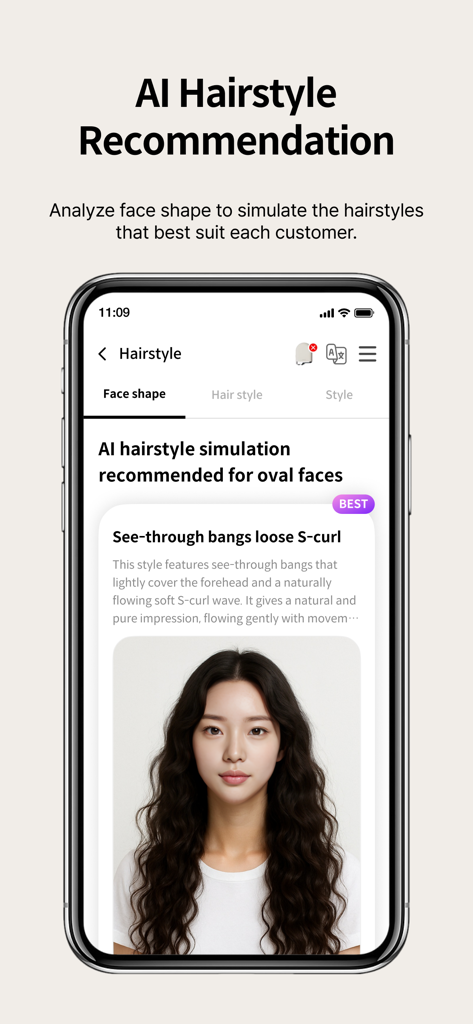 Recomendação de penteado por IA e análise de formato do rosto no aplicativo Becon Pro