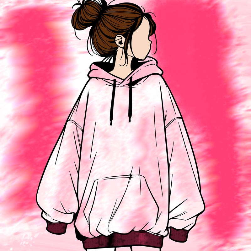 realistic girl with a oversized sweatshirt on and a bun
