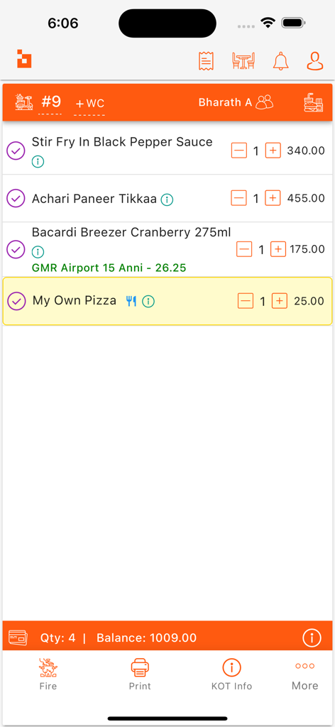 Digitory DigiPoS - Mobile Restaurant-Kassensystem-Oberfläche, die eine Liste von Lebensmitteln und Bestelldetails in der Digitory DigiPoS App anzeigt