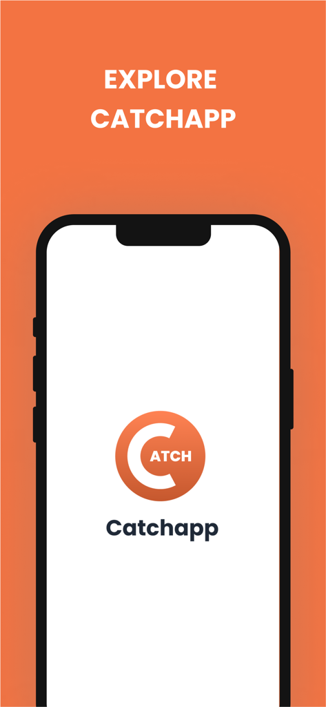 Ein mobiler Startbildschirm für die Catchapp-Lebensmittelliefer-App mit orangefarbenem Hintergrund und dem Text Explore Catchapp.