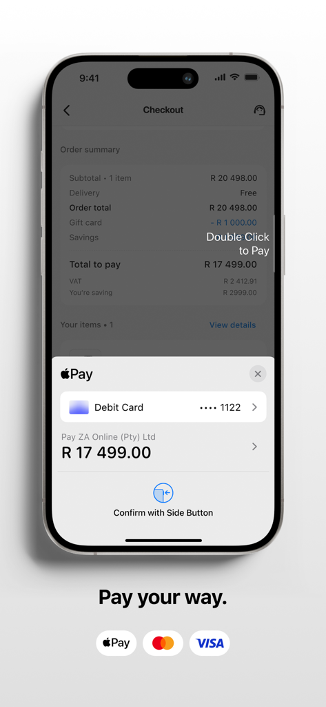 Checkout screen of the iStore Pre-owned app showing Apple Pay integration and order summary