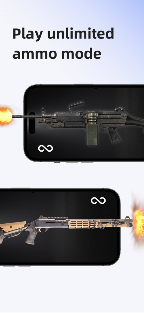 Gun Simulator Shooting Games - Gun simulator app interface showing a machine gun and shotgun firing in unlimited ammo mode.