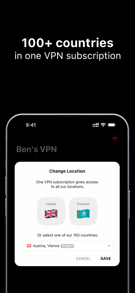 Bens VPN app interface displaying server locations and 10 Gbps speed options