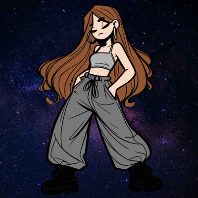 girl in baggy pants crop top and long hair