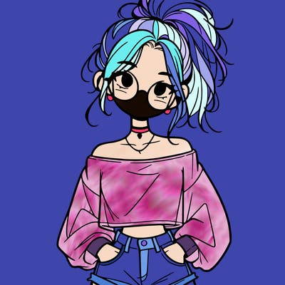 girl with a messy ponytail glasses a baggy crop top and jean shorts