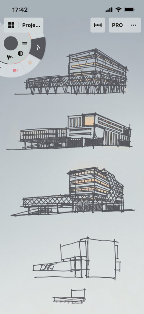 Concepts 앱 인터페이스의 건축물 스케치