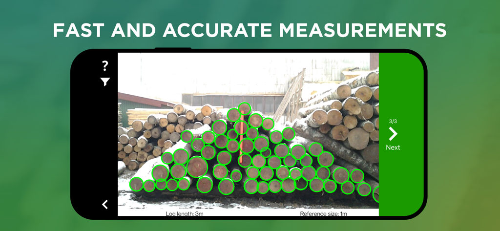 Timbeter app interface showing digital measurement of timber logs with green circular overlays.