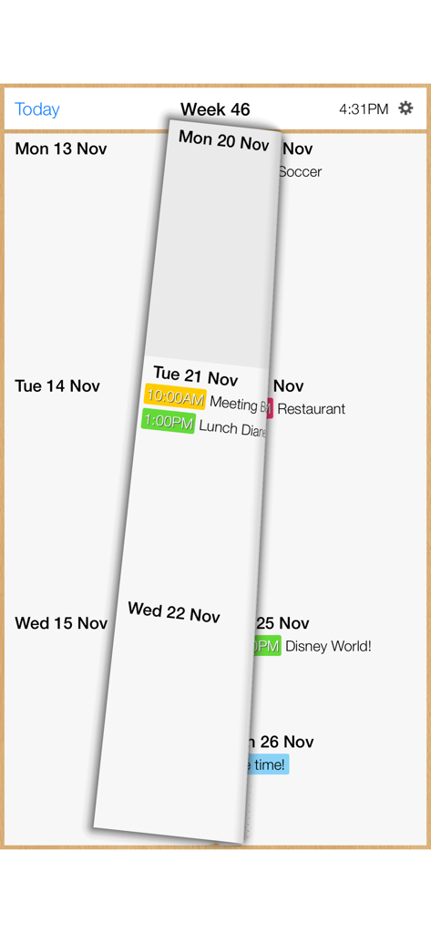 Interface do aplicativo Week Calendar Plus mostrando um gesto de deslizar para navegar na agenda semanal.