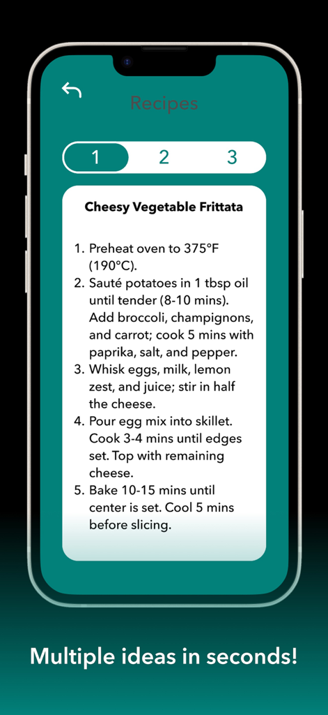 AI Kitchen Chef | Food Recipes - AIキッチンシェフアプリ。チーズ入り野菜フリッタータのレシピとステップバイステップの説明を表示します。