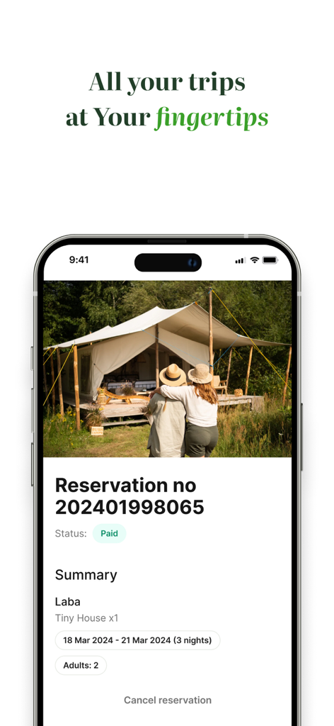 AlohaCamp app screen showing a summary of a glamping trip reservation
