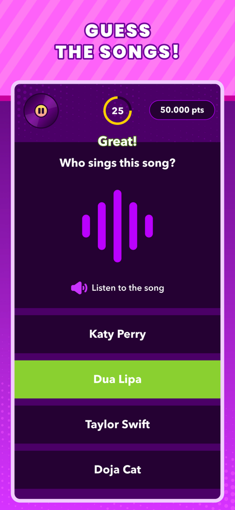 Trivial Music Quiz - A mobile screen from Trivial Music Quiz showing a guess the artist question with pop singers like Dua Lipa and Taylor Swift