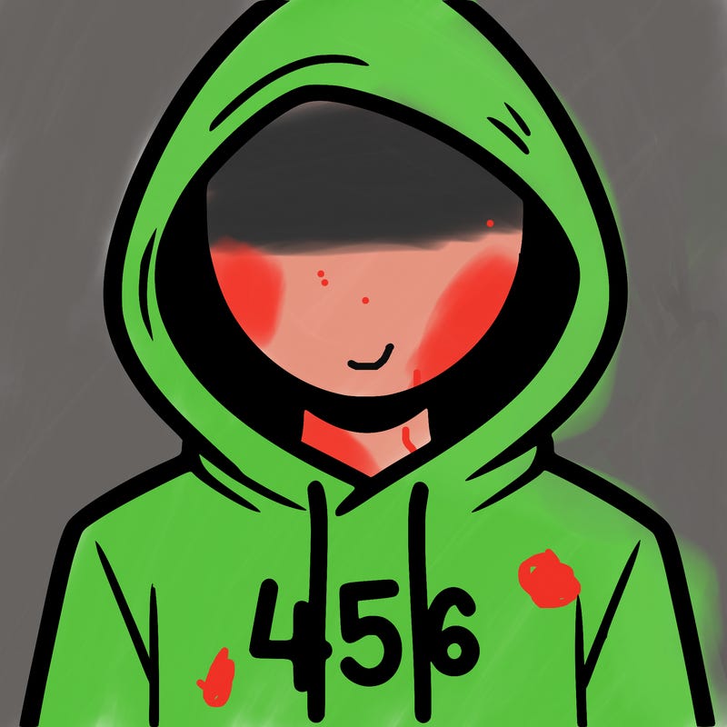 a person with non face waering a hoodie with a 456 symbol