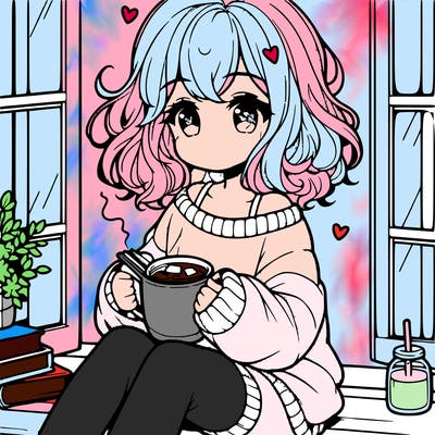 cute anime girl reading book and drinking hot chocolate from mug with loose wavy hair wearing a baggy sweatshirt and shorts sitting by windowsill looking out