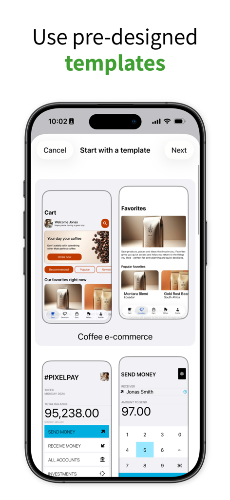 iPhone-Bildschirm mit vorgefertigten Vorlagen für E-Commerce- und Bank-App-Mockups in Pixelmost