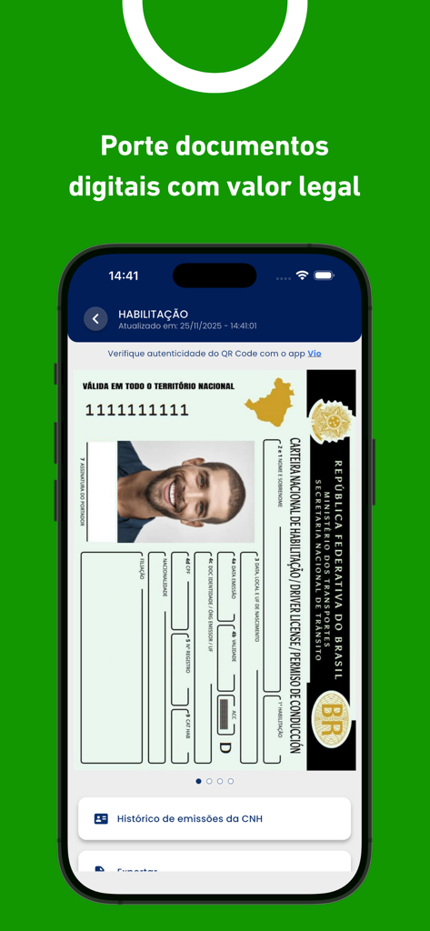 Interfaccia della patente di guida digitale mostrata sull'app mobile CNH do Brasil
