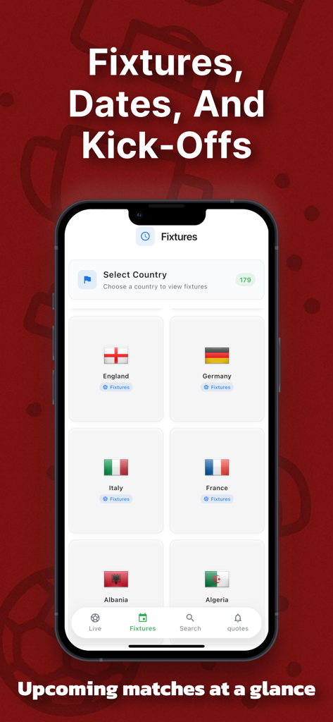 Streameast app interface displaying upcoming football fixtures by country