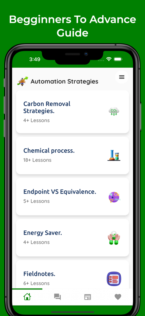 Kursliste der App Learn Chemical Engineering mit Lektionen zu Kohlenstoffentfernung und chemischen Prozessen