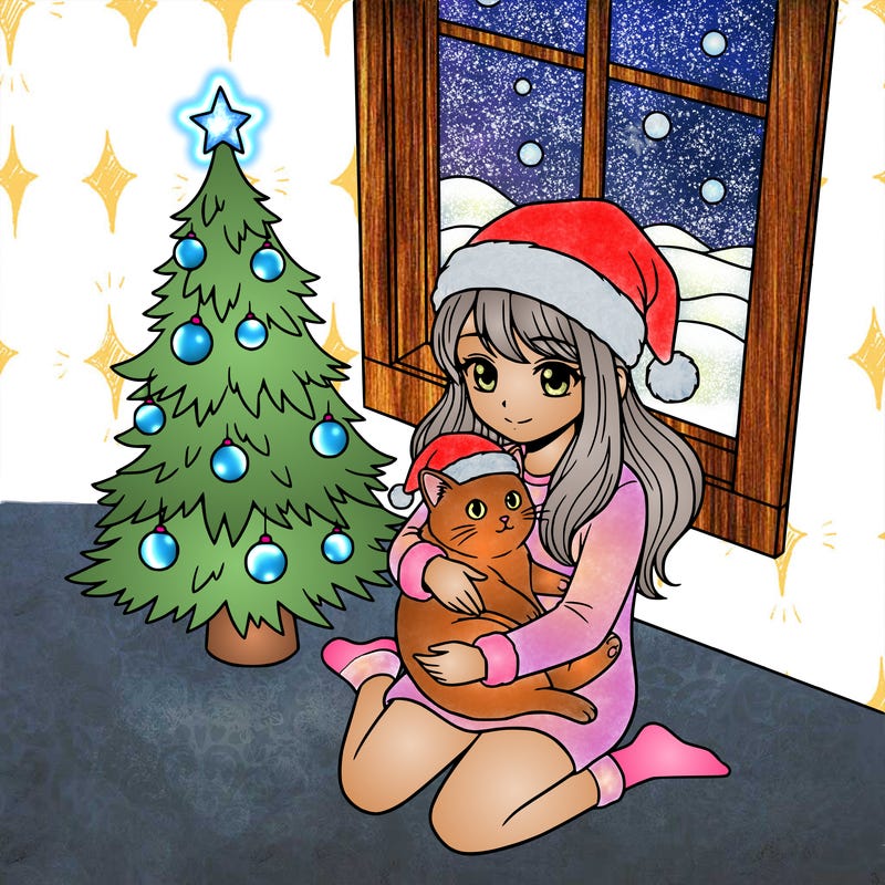 a girl wearing a santa claus hat is holding a cat in her arms, who is also wearing a santa claus hat. they are sitting near a christmas tree. there is a window next to the tree.