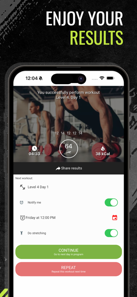 100 Pushups Be Stronger - A workout summary screen on a smartphone showing 64 pushups completed time and calories burned with options to continue or repeat