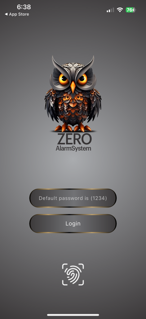zero-z1 - Login screen of the zero-z1 alarm system app featuring an owl logo and fingerprint icon