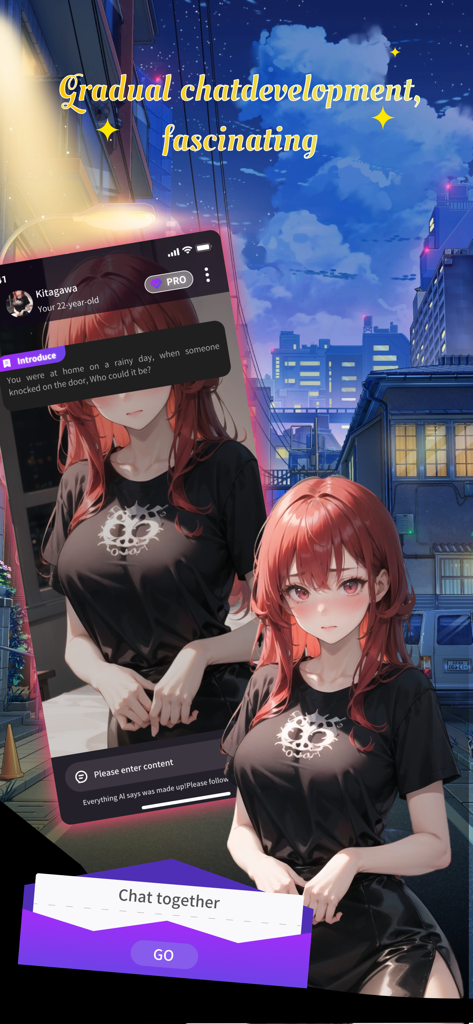 RushChat AI-Role Play AI Chat - Interface of the RushChat AI roleplay app featuring an anime girl character named Kitagawa in a night city setting