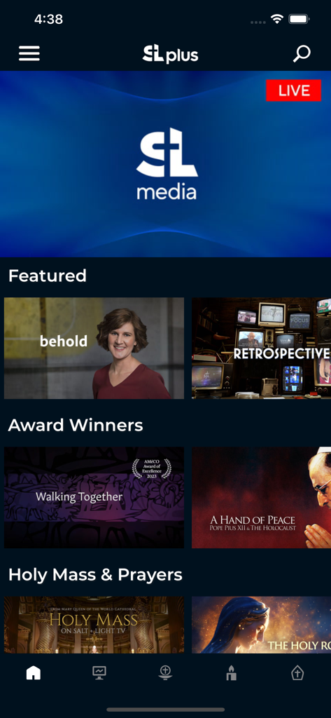 Salt + Light Plus - Salt and Light Plus app home screen showing Catholic video streaming categories and programs