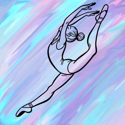 gymnast doing a leap in a leotard with a bent back leg