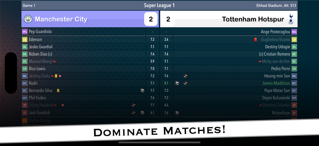 Football Tycoon 2 - Football Tycoon 2 match statistics screen showing player ratings for Manchester City and Tottenham