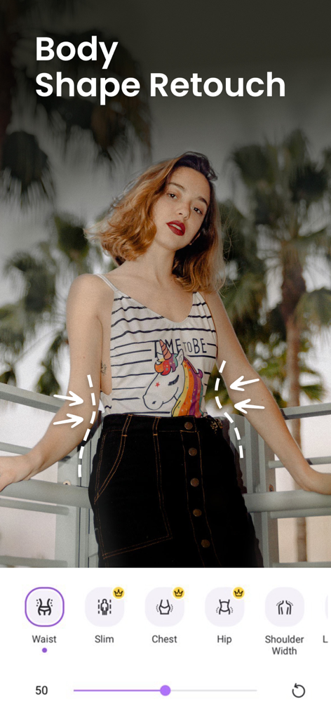 Vivid Glam Video/Photo Retouch - 写真のウエスト調整のためのボディシェイプリタッチ機能を示すVivid Glamアプリのインターフェース