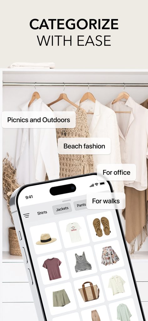Digital Closet Organizer－Shkaf - 機会別にワードローブアイテムを整理および分類するためのShkafアプリインターフェースを表示するiPhone