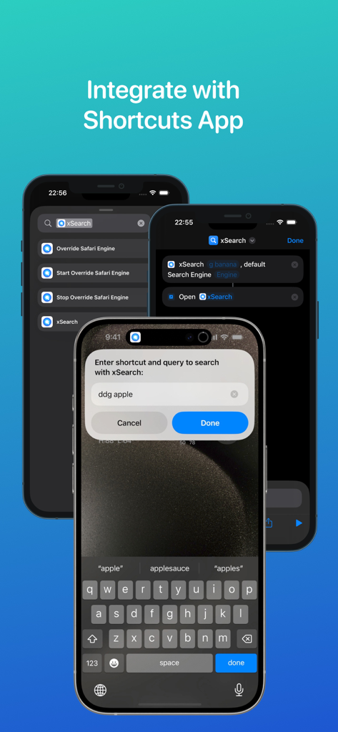 iPhone screens displaying xSearch integration with the Apple Shortcuts app for custom search engine automation.